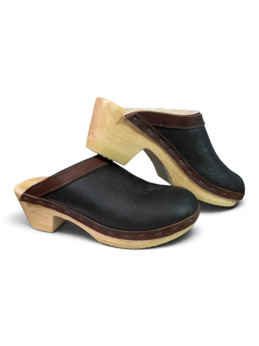 Carel Paris Brown Leather Shearling Lined Clogs Wood Heels Size EU 39, US 7